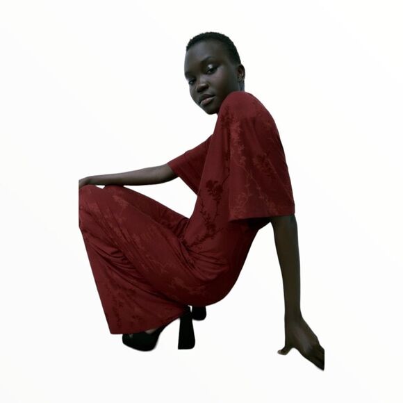 ZARA | Burgundy | SHORT SLEEVE JUMPSUIT WITH SURPLICE V-NECKLINE - Picture 6 of 15